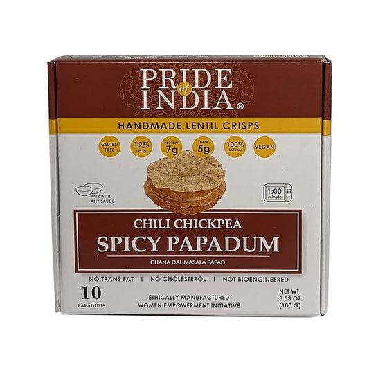 Pride Of India - Spicy Chickpea Masala Papadum Lentil Crisp, 10 count (3.53oz - 100gm) - Microwaveable Instant Chips, Gluten-Free Vegan Crackers, Healthy Protein, Fiber & Iron Rich Snacks