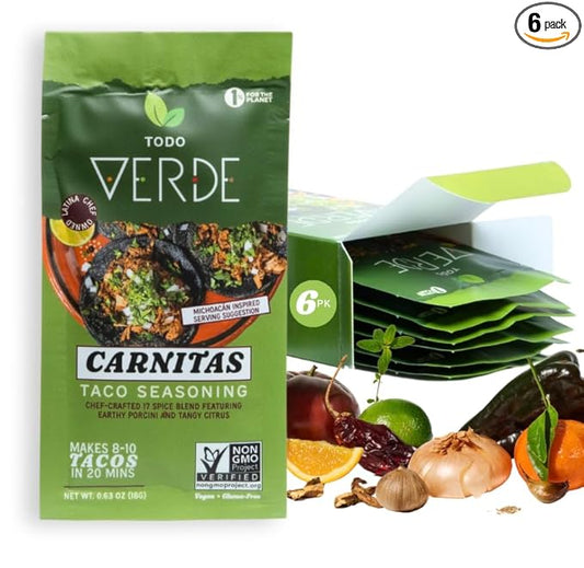 Carnitas Healthy Taco Seasoning Packets - Todo Verde Mexican Seasoning Mix | Chef Curated Taco Blends with Porcini Mushroom & Black Garlic | Vegan, Gluten Free, Preservative Free (6 Pack)