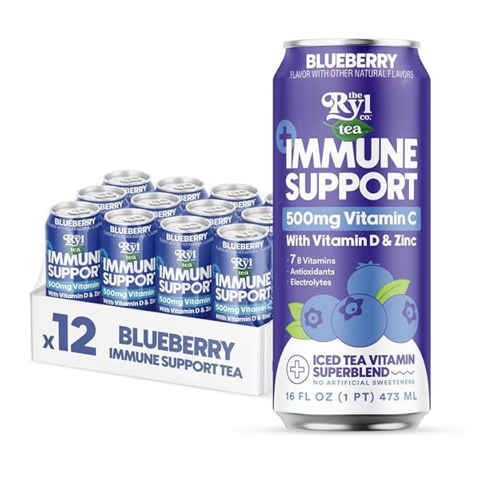 Ryl Immune Support Tea, Blueberry, 500mg Vitamin with Vitamin D & Zinc, 16.0 Fl Oz (12-Pack)
