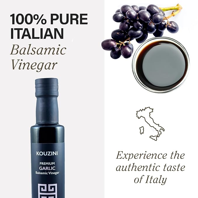 Kouzini Ultra Premium Garlic Balsamic Vinegar, Aged Balsamic Vinegars from Modena, Italy, Premium, Smooth & Full-Bodied Flavor, 250ml Bottle
