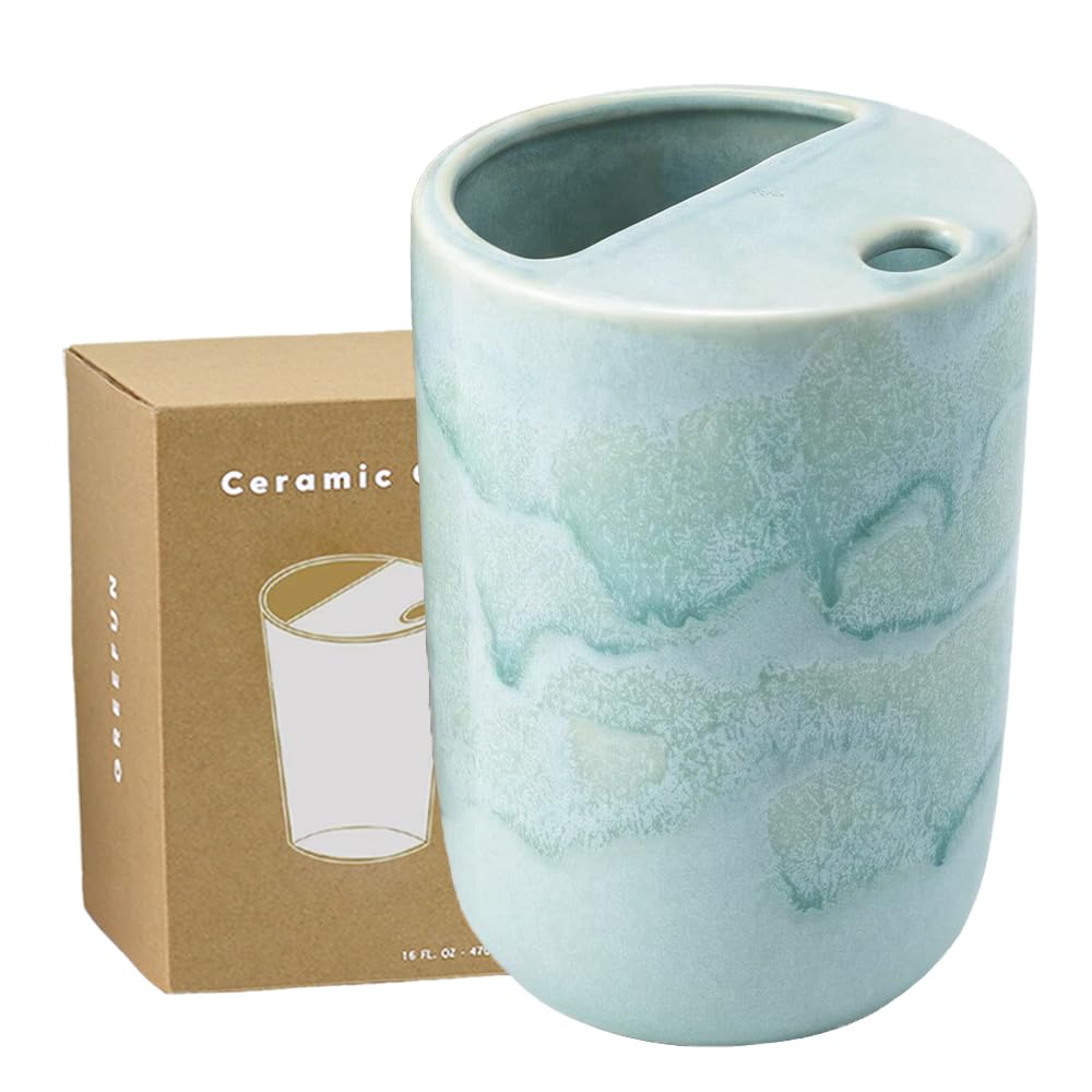 Handmade Ceramic Coffee Mug with Half Lid, 17oz Unique Tea Coffee Cup with Sip-top Lid, Sea Foam