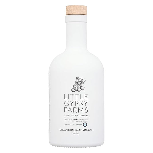 Organic Balsamic Vinegar from Little Gypsy Farms | First Cold-Pressed and Oak Barrel Aged | Notes of Fig with Strawberry Finish | Single Family Farms in Greece (350ml)