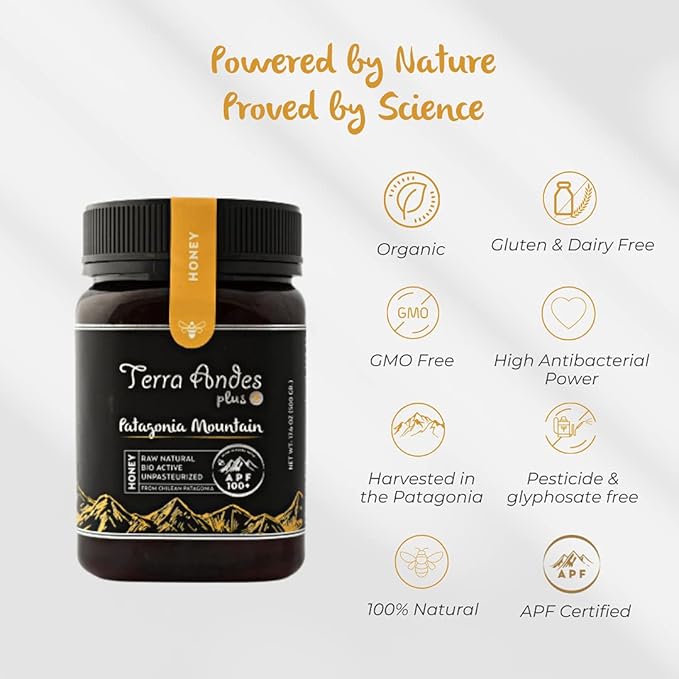 Patagonia Mountain Honey APF 200+ by TERRA ANDES PLUS | Raw natural organic honey. Highest bioactive grade. Made in Chilean Patagonia. 100% pure. NON Gmo. Awarded worldwide. Unfiltered Honey, 17.6 oz