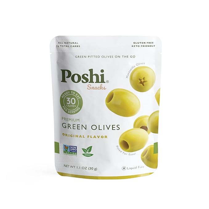 Poshi Green Olives On-The-Go - Original Flavor - Single Serve Pitted Olives - Convenient and Healthy Snack Packs - All Natural, Non-GMO, Kosher, Gluten-Free - 1.1 Oz Bags (30/Pack)