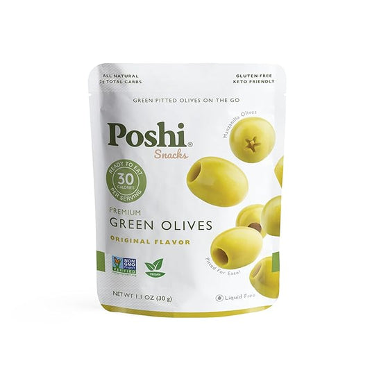 Poshi Green Olives On-The-Go - Original Flavor - Single Serve Pitted Olives - Convenient and Healthy Snack Packs - All Natural, Non-GMO, Kosher, Gluten-Free - 1.1 Oz Bags (30/Pack)