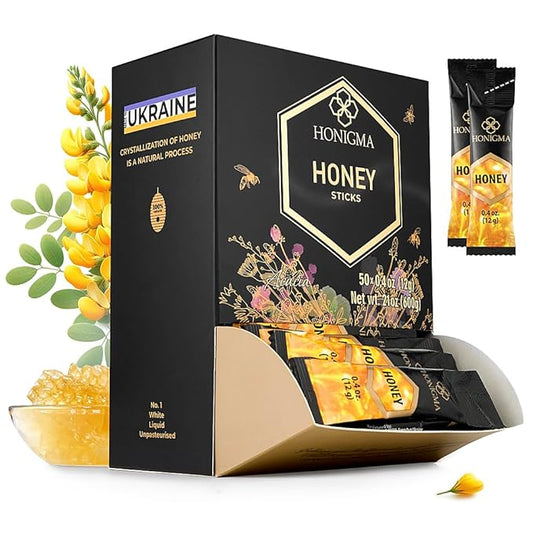HONIGMA® Deliciously Sweet Acacia Honey Sticks - 50 Count (12g each) | Pure Ukrainian Honey | Sustainably Sourced | Bursting with Flavor & Health Benefits
