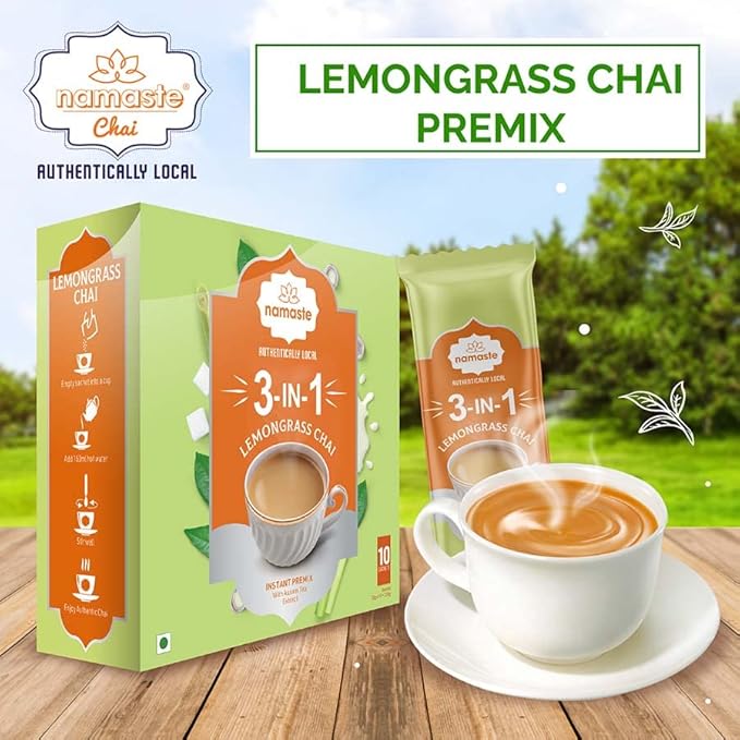 Namaste Chai Lemongrass Tea Powder Sachet | Assam Tea With Milk and Sugar | Instant Premix | 22g x 10 Sachets