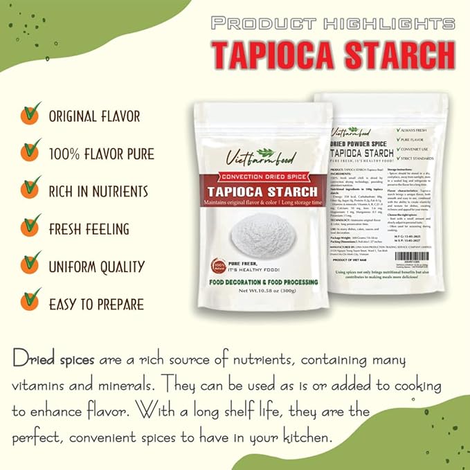 TAPIOCA STARCH 10.58 Oz (300g) VIETFARMFOOD: Natural pure, convection dried seasoning made from real vegetables - perfect for adding flavor to any meal, from cooking, baking, salads, soups, sauces
