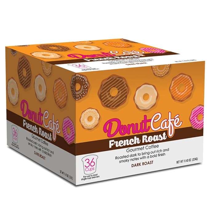 Donut Café – Gourmet Single Serve Coffee Pods for Keurig K-Cup Brewers, Dark Roast, 100% Arabica, Non-GMO & Gluten Free, French Roast Blend, 36 Count