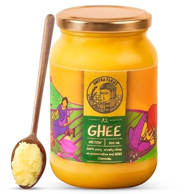 Amyra Farms Organic A2 Ghee - 1 Pound | Grass-Fed Gir Cow Ghee, Handcrafted Bilona, Pure & Nutrient-Rich | Traditional, Natural, Healthy | Keto, Lactose and Casein Free | Clarified Butter (16 Ounces)