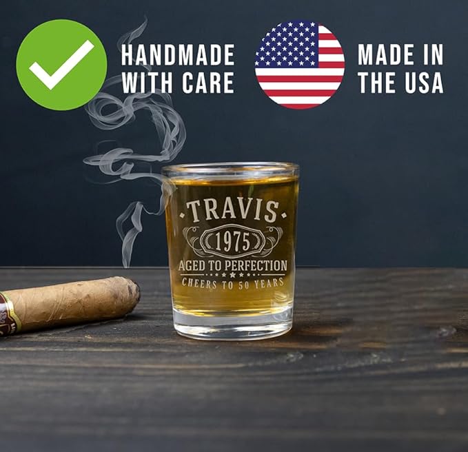 Personalized Vintage 50th Etched 2.5oz 1pk Shot Glass – Custom 1975 Happy 50th Birthday Gifts Men Women, Customized Cheers 50 Years, Turning 50 Year Old Decorations Decor, Party Favors Best Gift Idea