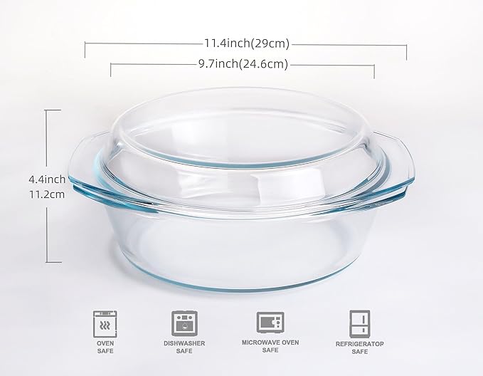 Round Tempered Glass Casserole Dish with Lid, Glass Casserole Baking Dish for Oven, Freezer and Dishwasher Safe - 2.5QT