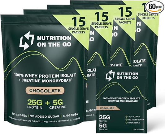Travel Whey Protein Isolate Packets ??Single-Serve Protein Powder ??25g Protein + 5g Creatine ??Chocolate (60-Pack)