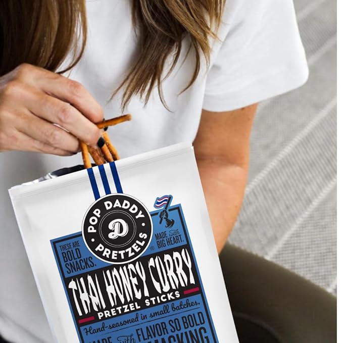 Pop Daddy Flavored Pretzels Sticks, Healthy Gourmet Pretzels Snacks, 7.5oz Individual Bags, 3 Pack, Thai Honey Curry