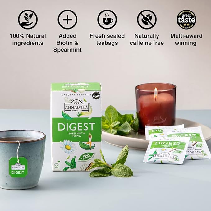 Ahmad Tea Herbal Tea, Sweet Mint, Fennel & Biotin 'Digest' Natural Benefits Teabags, 20 ct (Pack of 1) - Decaffeinated & Sugar-Free