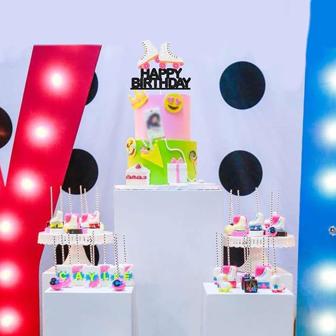 White Roller Skating Happy Birthday Cake Topper - Neon Roller Skating Party Retro Rock Disco Themed Party Decoration Supplies for Boys or Girls - SugarGera