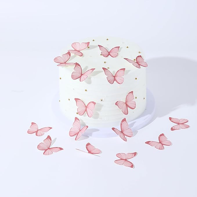 48Pcs Edible Butterflies for Cake Decorations Pink Wafer Paper Butterfly Cupcake Toppers Wafer Glutinous Paper Butterflies for Wedding Baby Shower Kids Birthday Party Cupcakes Decorating (Pink)