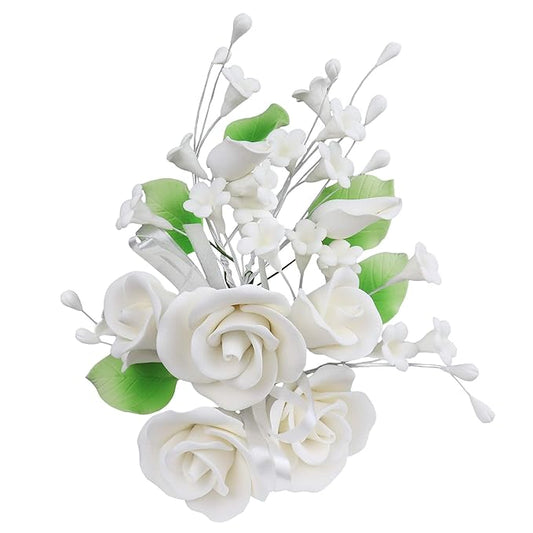 O'Creme Gumpaste Flower Spray, White Rose 6x8 - Edible Flowers for Cake Decorating - Flower Decorations for Cakes, Candy, Cupcake Toppers - Birthday Party, Wedding, Valentine's, Baby Shower