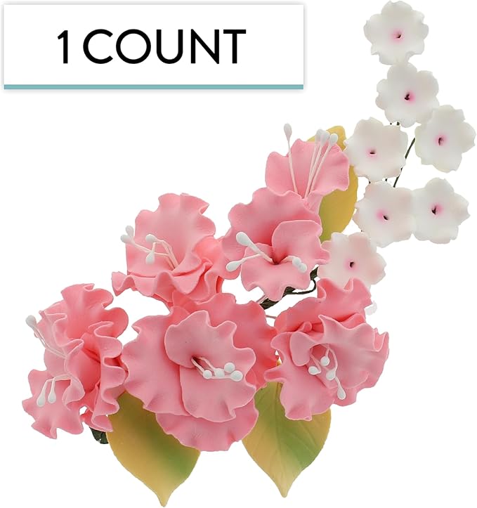 Sugar Blossom Cake Spray – Gumpaste Flowers for Cake Decorating – Pink Cherry Blossoms with Green Leaves – 1 Count by Chef Alan Tetreault