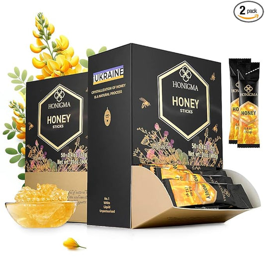 HONIGMA® Pure Ukrainian Acacia Honey Sticks – Deliciously Sweet – Sustainably Sourced – 50 Count (12g Each) – Natural Energy Snack – Bursting with Flavor & Health Benefits (Pack of 2)