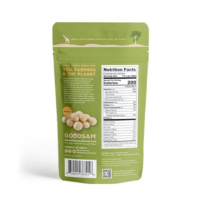 goodSAM Organic Raw Macadamia Nuts – Unsalted, Whole Nuts – Buttery Creamy Flavor – Sustainably Grown on Regenerative Family Farms – High Fat Low Carb Keto Friendly Snacks - 0.5lb Pouch