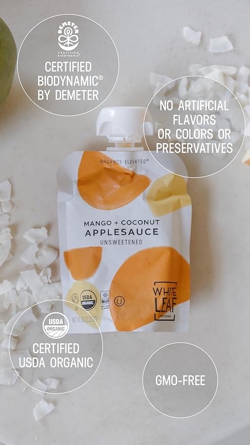 White Leaf Provisions Organic Mango & Coconut Applesauce ??Regeneratively Farmed, No Added Sugar, Kosher, USDA, GMO & BPA free 3.2oz Pouches (Pack of 24)