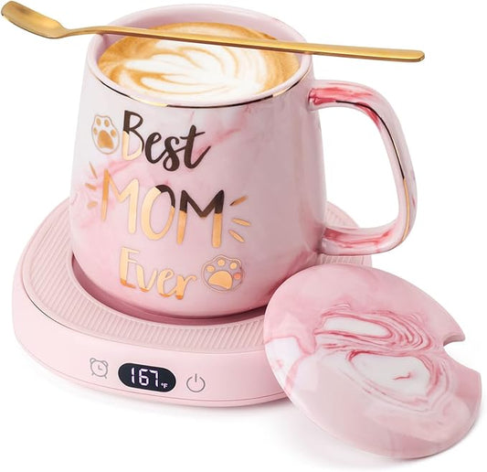 Coffee Mug Warmer & Best MOM Ever Mug Set, Electric Cup Warmer for Desk Office Home, Beverage Warmer with 4 Temperature Setting, 8H Auto Shut Off, Mom Gifts from Daughter Son