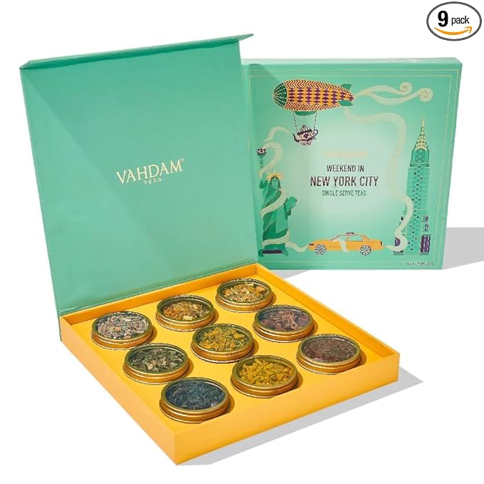 VAHDAM, Weekend In New York Tea Gift Sets Travel Edition Gift Box | 9 Varieties - Green Tea, Herbal Tea & Black Tea | Gluten Free, Non GMO | Gifts for Women & Men, Gifts for Him/Her