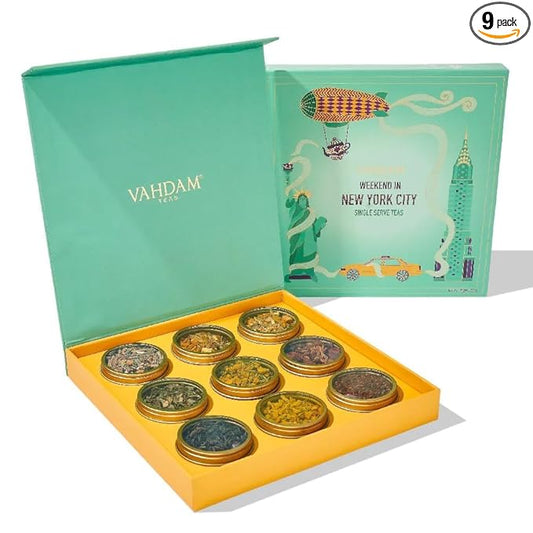 VAHDAM, Weekend In New York Tea Gift Sets Travel Edition Gift Box | 9 Varieties - Green Tea, Herbal Tea & Black Tea | Gluten Free, Non GMO | Gifts for Women & Men, Gifts for Him/Her
