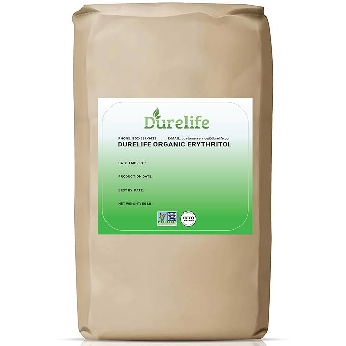 Durelife USDA organic erythritol sweetener, non gmo verified, Keto certified, No After Taste, Kosher, Zero Calorie Plant-Based Sugar Alternative 55 LB, Bulk Bag 880 oz