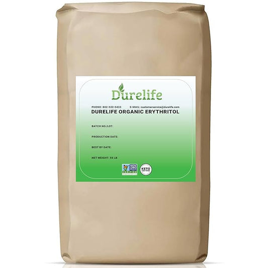 Durelife USDA organic erythritol sweetener, non gmo verified, Keto certified, No After Taste, Kosher, Zero Calorie Plant-Based Sugar Alternative 55 LB, Bulk Bag 880 oz