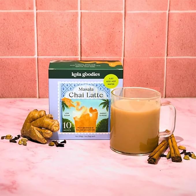 Kola Goodies Masala Chai Lazy Girl Tea Latte Powder – Indian Chai Mix with Ceylon Black Tea, Cardamom, Ginger, Cinnamon – Instant Spiced Chai Drink – 10 Sachets – Milk Tea Latte