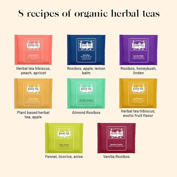 Kusmi Tea - Organic Herbal Tea Gift Set - Sampler Assortment Variety Box - Gift Idea for Men and Women - Caffeine-Free Teas - Hibiscus Tea, Chamomile Tea, Rooibos - 8 Recipes - 24 Tea Bags