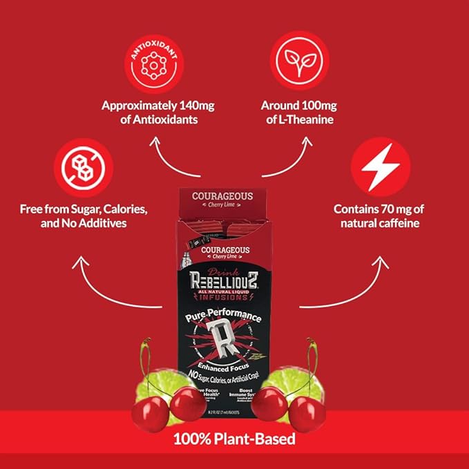 Rebellious Courageous Cherry Lime Organic Drink Mix ??Zero Calorie Energy Drink Mix | Monk Fruit & Green Tea Extract | L-Theanine + Natural Caffeine | 100% Plant-Based | Pack of 10 | Keto,Gluten-Free