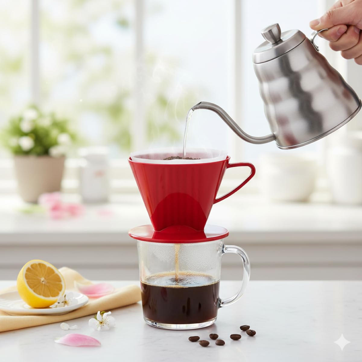 Fino Pour-Over Coffee Brewing Filter Cone, Number 2-Size, Red, Brews 2 to 6-Cups
