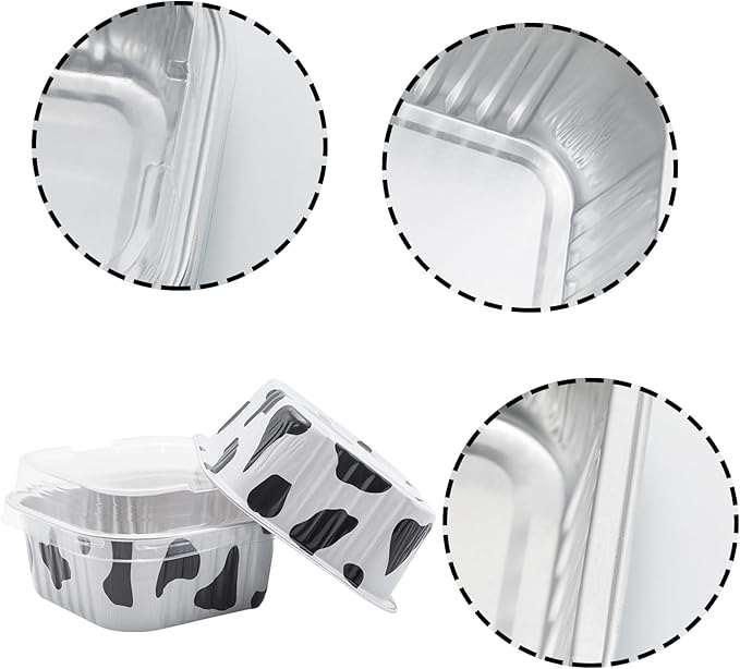 100 Pack 5oz Aluminum Pans with Lids Mini Square Foil Baking Cups with Lids Cupcake Baking Holders, Cow Print