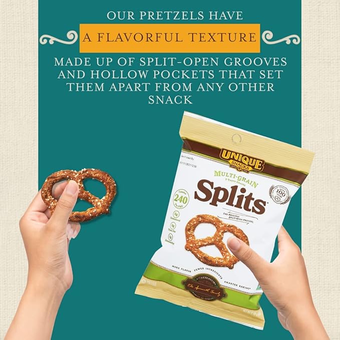 Unique Snacks Multi-Grain Splits Pretzel, Delicious Homestyle Baked Snack Bags, Vegan, OU Kosher, and Non-GMO Food, No Artificial Flavor, 2.12 Oz. Bag, Pack of 12