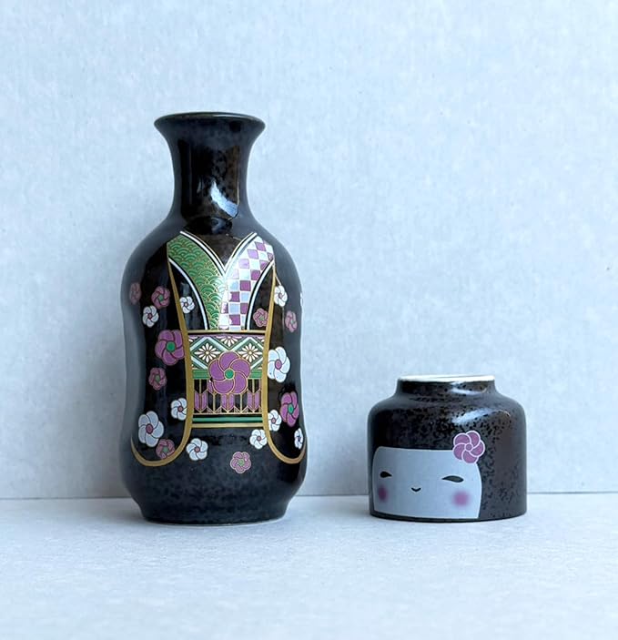 Japanese Traditional Kokeshi Design Sake Wine Soju Ceramic Set with 1 Ochoko Cup and 1 Tokkuri Bottle Gifts (Kokeshi Ume Komachi)