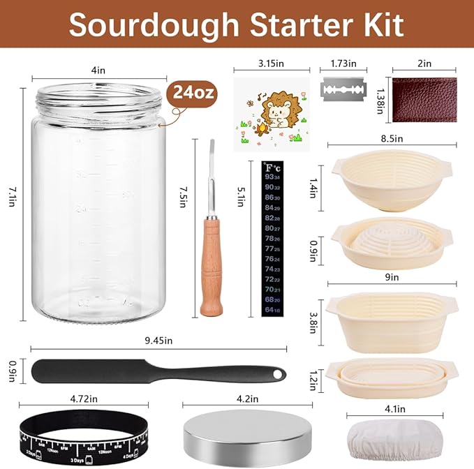 40oz Large Sourdough Starter Jar Glass Kit Wide Mouth with Silicone Bread Proofing Basket & Spatula, Aluminum Lid, Cloth Cover, Date Marked Band, Thermometer