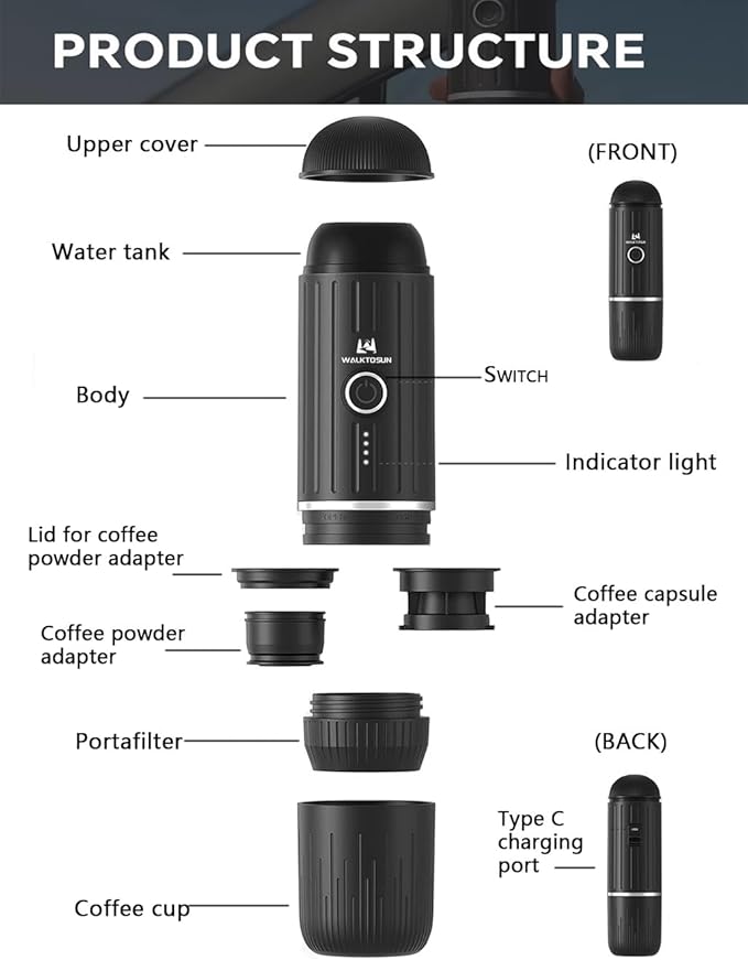 Portable Espresso Coffee Maker Electric Expresso Maker Self Heating Battery Powered, 19 Bar Pressure, Coffee Machine with Ground Coffee & NS Capsule for Travel,Outdoors竊똂amping,RV,Hiking,Office(Black)