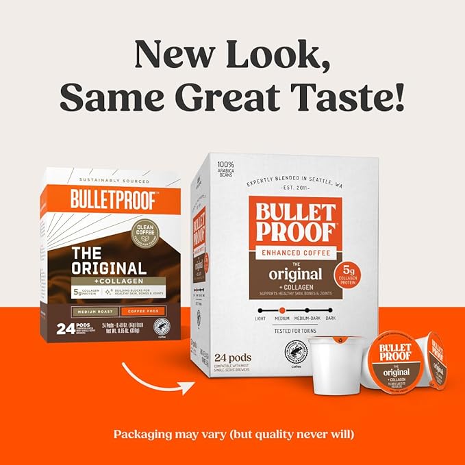 Bulletproof Coffee + Collagen Single-Serve Coffee Pods, 24 Count, Clean Coffee Tested for Toxins, Packaging May Vary