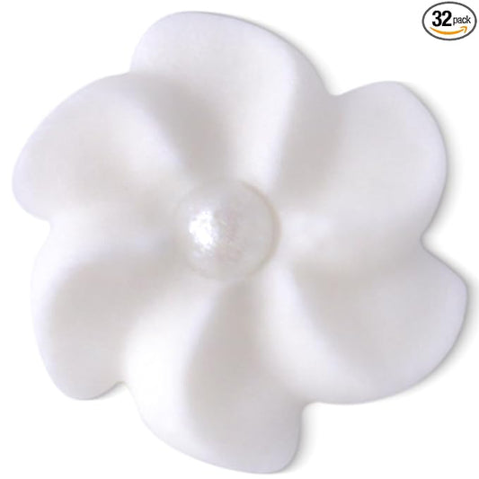 36 Royal Icing Flowers with Pearl Centers, White Edible Flowers Cake Decorations, Kosher, Halal, No Nut or Gluten, Handcrafted Edible Cake Decorations