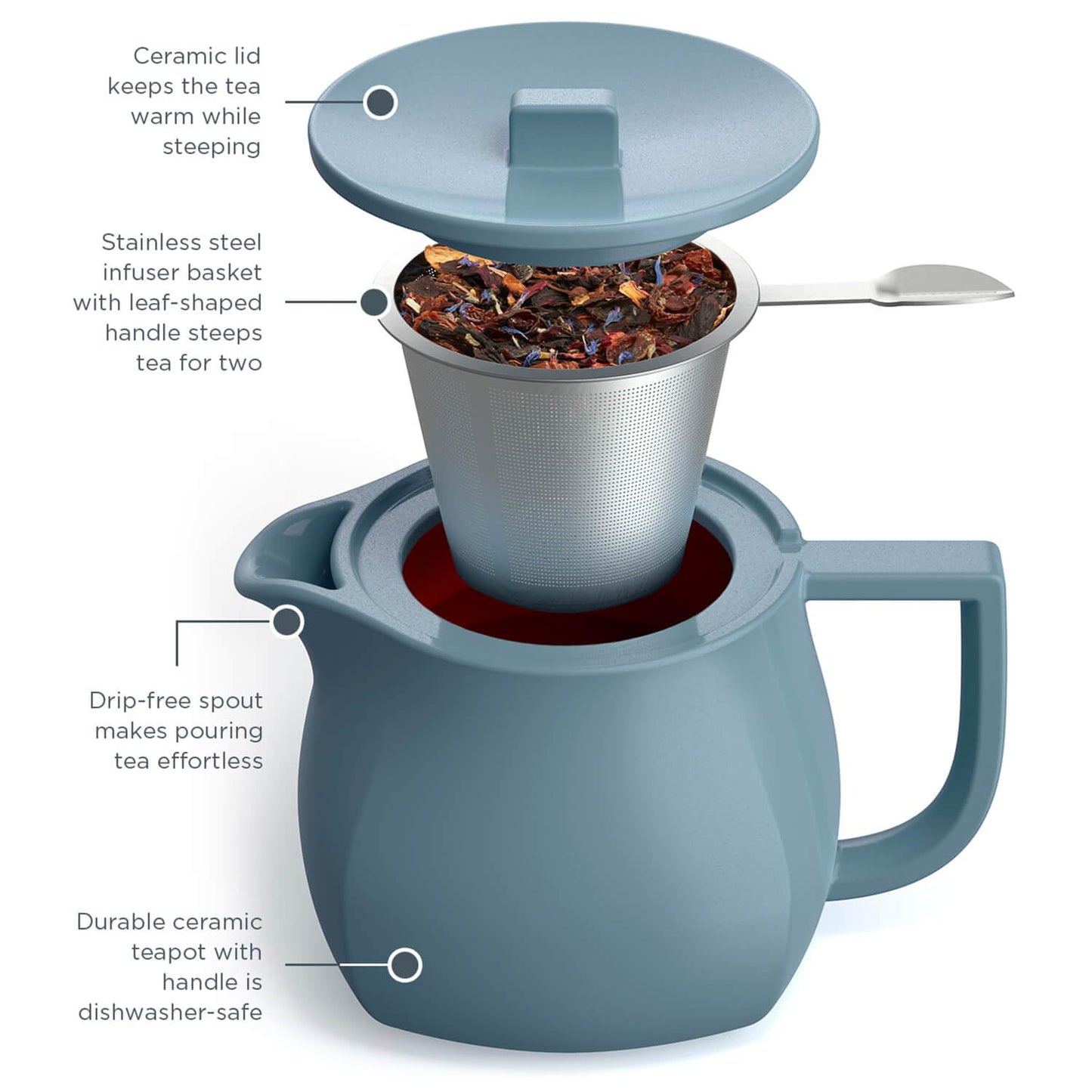 Tea Forte Ceramic Teapot with Infuser, Stone Blue, 24 oz
