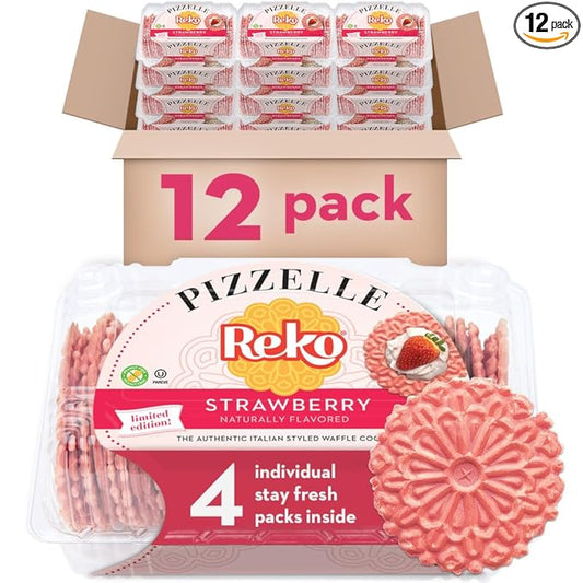 Reko Pizzelle Authentic Italian Style Waffle Cookie, Strawberry, 7 Ounce (Pack of 12)