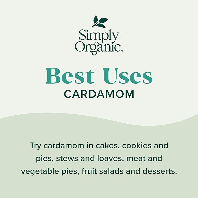 Simply Organic Cardamom, 2.82 Ounce, Certified Organic & Kosher, Aromatic, Subtly Spicy-Sweet, No ETO, Non Irradiated