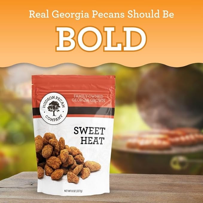 HUDSON PECAN COMPANY: Sweet Heat Georgia Pecans | Perfectly Balanced Roasted Sweet Flavor with a Little Kick (Heart Healthy Gourmet Candied Nut Snack, Great for Salads or Snacking), 8 oz Resealable Pouch