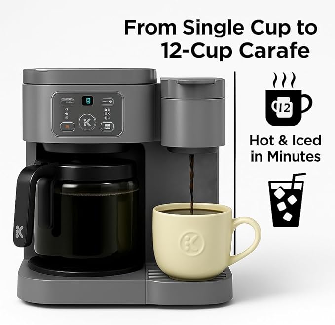 2-in-1 Hot & Iced Coffee Maker for Pods & Grounds ??12-Cup Glass Carafe & Single-Serve Brewer, 72oz Reservoir, Strong Brew, Extra Hot, Brew Over Ice, MultiStream Tech, Compact Design (Gray)