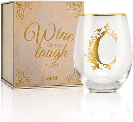 Onebttl Unique Stemless Wine Glasses, Initial Wine Cup for Red or White Wine - 18oz, Monogrammed, Gold - for Women, Girls, Female, Her, Friends, Coworkers, Clients - for Birthday, Christmas
