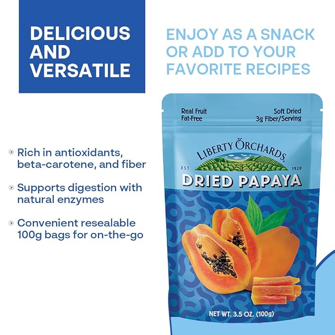 Liberty Orchard Dried Papaya with Fiber - Naturally Sweet Fruit Snacks for Healthy Digestion & Busy Lifestyles - Dried Papaya Ideal for Recipes & On-The-Go Snacking - 4 Pack