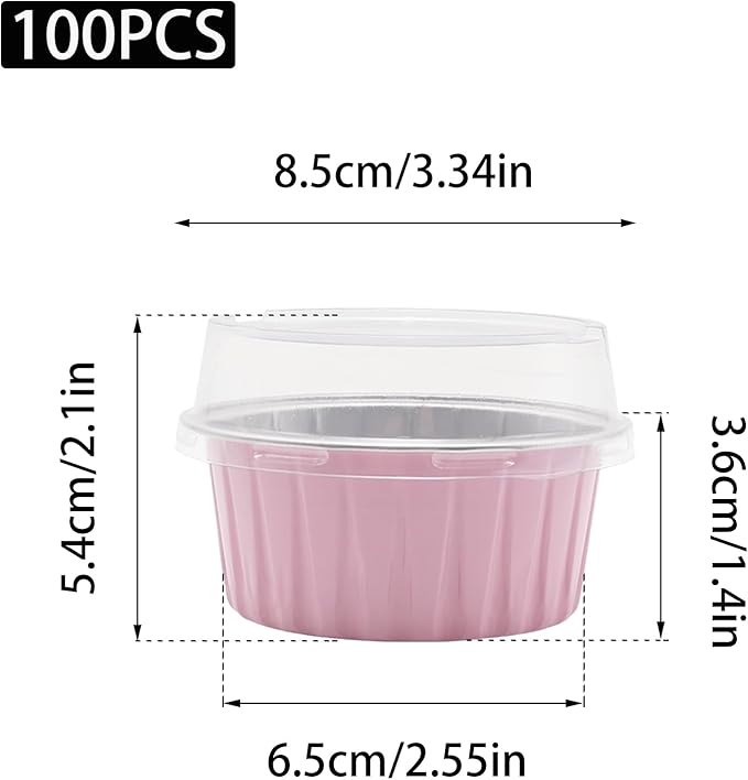 100 Pack 4.2oz Aluminum Cups with Lids Mini Flan Containers with Lids Cupcake Baking Cups, Pink